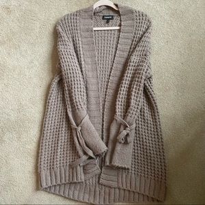 Express chunky knit taupe long cardigan with tie sleeve